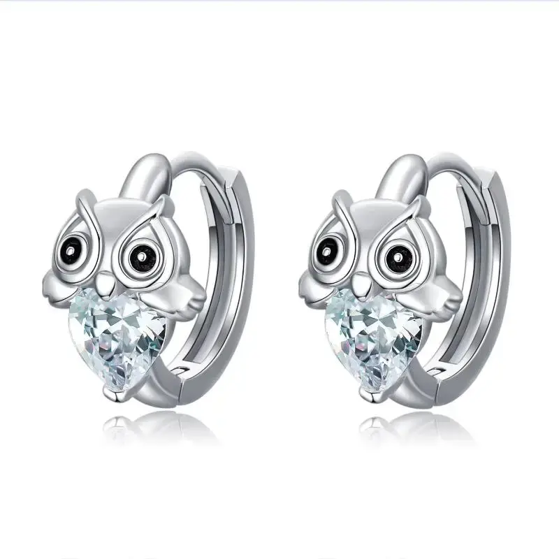 Sterling Silver Heart Shaped Cubic Zirconia Owl Hoop Earrings