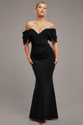 Goddiva Off The Shoulder Draped Sleeve Maxi Dress - Black