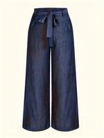 Women's Plain Belted Button Fly Wide Leg Denim Pants, Elegant Casual Pocket Trousers for Spring & Fall, Women's Bottoms for ...