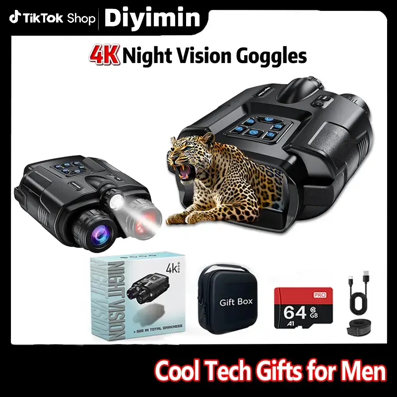 4K Infrared Night Vision Binoculars for Adults - 3” Large Screen, 8X Digital Zoom, Tactical Light, and 64GB Card - Perfect ...