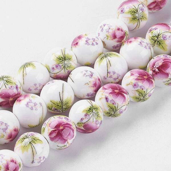 Handmade Flower Printed Porcelain Ceramic Beads Strands