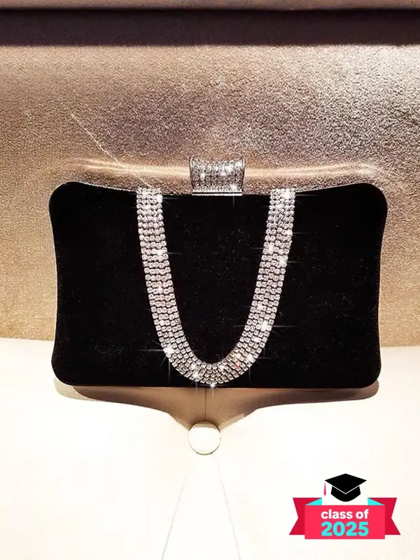 Elegant Solid Color Rhinestone Decor Glittery Flap Clutch with Chain Strap, Women's Evening Bag for Party Wedding, All-match ...