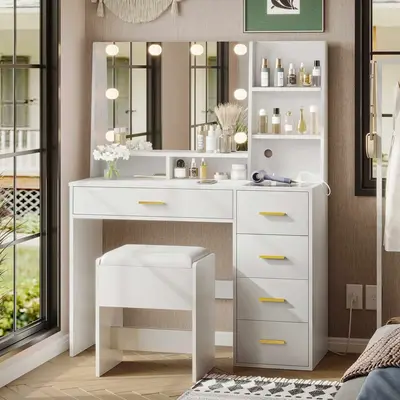 SIKAIC White Makeup Vanity Desk Set with Lights, Mirror, Charging Station, Cushioned Stool, Visible Drawers & Open Storage Sh...