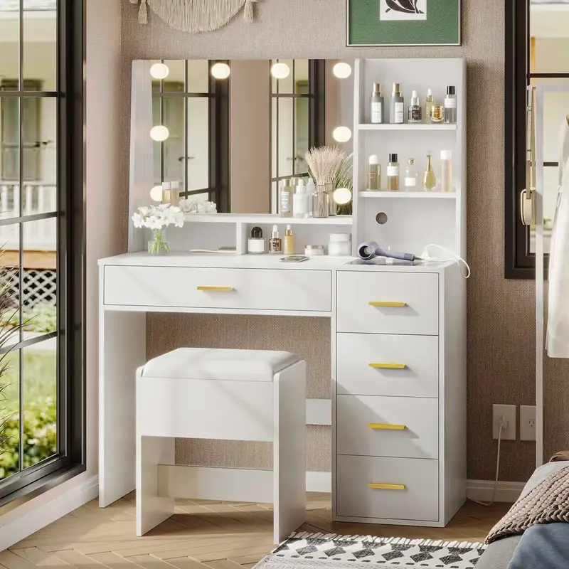 SIKAIC White Makeup Vanity Desk Set with Lights, Mirror, Charging Station, Cushioned Stool, Visible Drawers & Open Storage Sh...