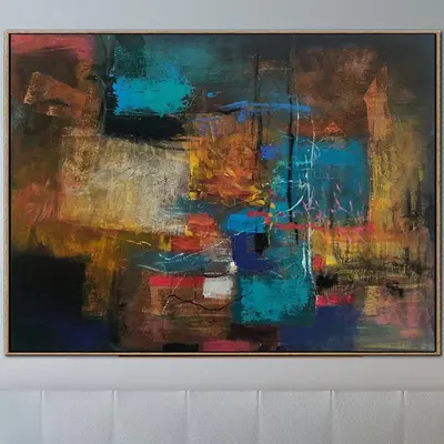 Large Original Abstract Painting in Brown And Blue Colors Minimalist Handmade Artwork Modern Wall Art | BRONZE ABSTRACTION