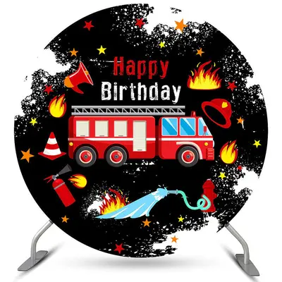 Aperturee Circle Red Fire Truck Black Birthday Party Backdrop For Boy | Circle Birthday Backdrop | Circle Backdrops For Birth...