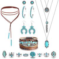 Western Jewelry For Women Bohemian Turquoise Jewelry Set Turquoise Pendant Choker Necklace Turquoise Faux Leather Cuff Bracel...