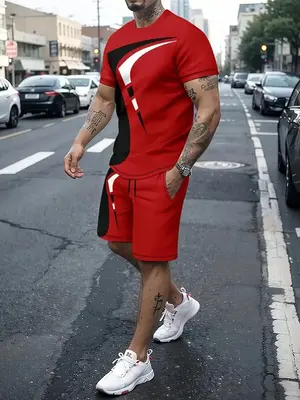 2 Counts Men's Patchwork Short Sleeve Tee & Drawstring Pocket Shorts Set, Regular Fit Slight Stretch Round Neck T-shirt & Ela...