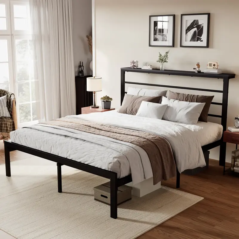 SHA CERLIN Bed Frame with Headboard Shelf,【Frame Only No Mattress】 Heavy Duty Platform Bed Frame with Strong Metal Founda...