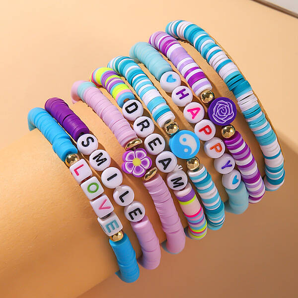 8Pcs 8 Colors Handmade Polymer Clay Heishi Bead Stretch Bracelet Set