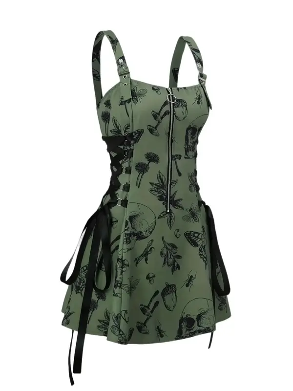 Women's Plants & Skull Print Cami Bohemian Sleeveless Dress, Retro Fashion Casual Chic Adjustable Spaghetti Strap Mini Dress ...