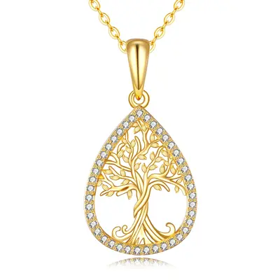 14K Gold Cubic Zirconia Tree Of Life & Drop Shape Pendant Necklace