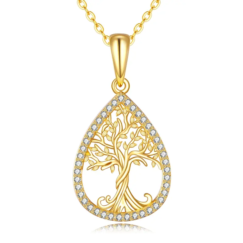 14K Gold Cubic Zirconia Tree Of Life & Drop Shape Pendant Necklace