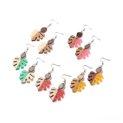 Resin & Walnut Wood Monstera Leaf Dangle Earrings
