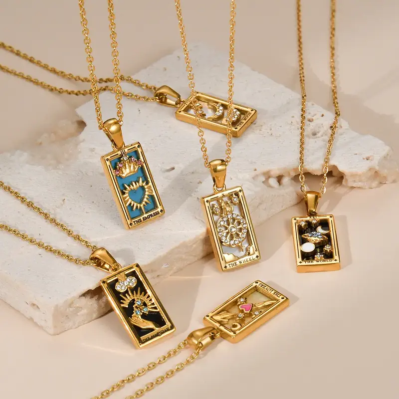 SIXFOX Manifestation Tarot card Series Necklace Dainty Spiritual Healing Jewelry Titanium Steel Hypoallergenic Colorful Ename...