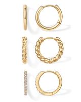 PAVOI 18K Gold Plated 925 Sterling Silver Posts 3 Pairs Small Hoop Earrings Set - Cubic Zirconia Plain Rope Huggie Hoops for ...
