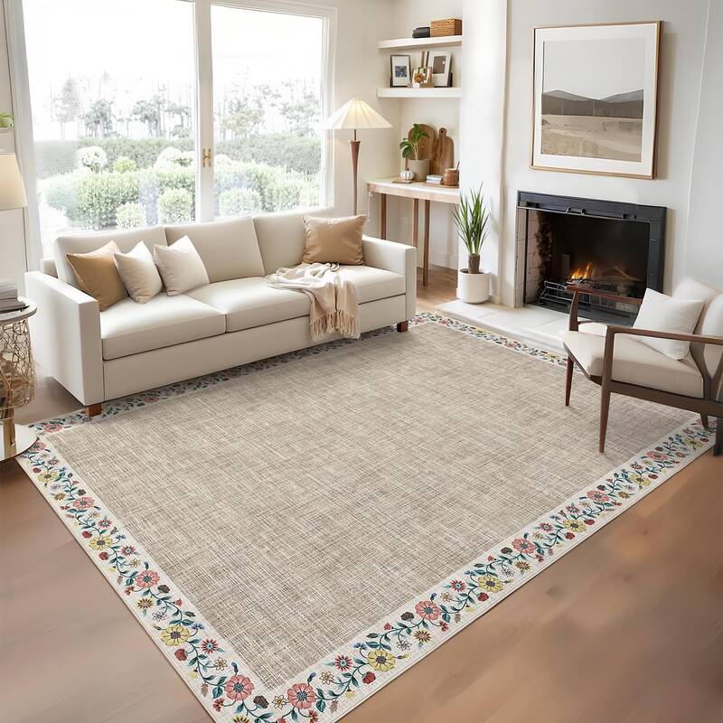 Garvee Bordered Light Flax 5x7 Washable Floral Area Rug Non-Slip Lightweight Low Pile Polyester TPR Backing Modern Farmhouse...