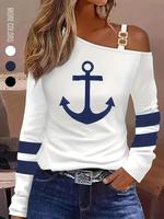 Women's Anchor Print Asymmetrical Neck Tee, Casual Long Sleeve T-shirt Tops for Daily Wear, Ladies Clothes for All Seasons, C...