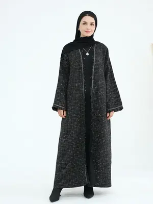 Women's Plaid Print Raw Hem Open Front Abaya, Modest Long Sleeve Long Dress Coat for Daily Wear, Modesty Clothing, Ladies Isl...