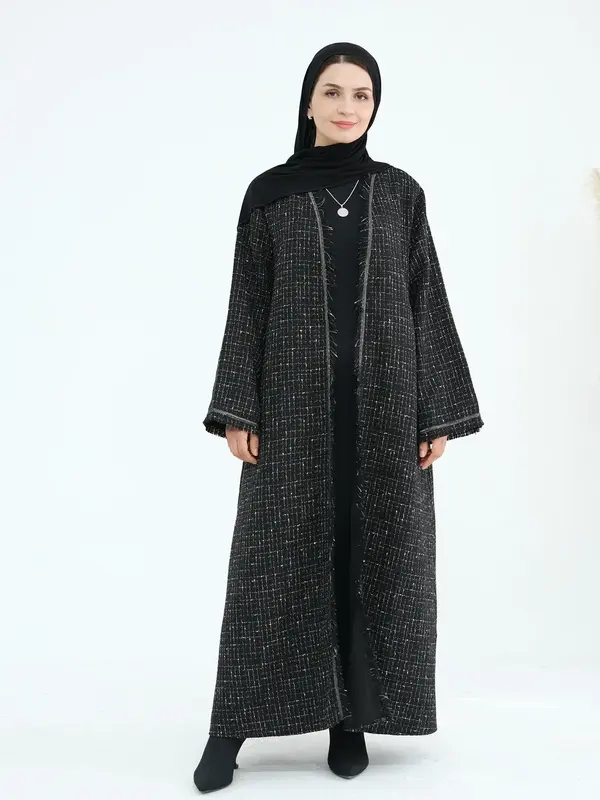 Women's Plaid Print Raw Hem Open Front Abaya, Modest Long Sleeve Long Dress Coat for Daily Wear, Modesty Clothing, Ladies Isl...