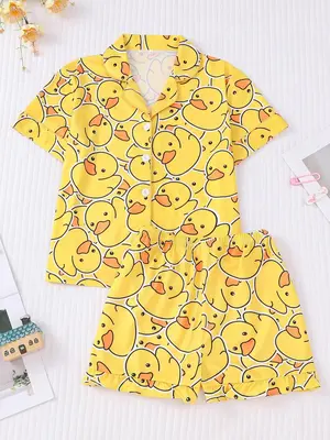 Girl's Cartoon Duck Print Top & Elastic Waist Shorts Pyjama Two-piece Set, Cute Comfy Short Sleeve Top & Shorts Pajamas Set, ...