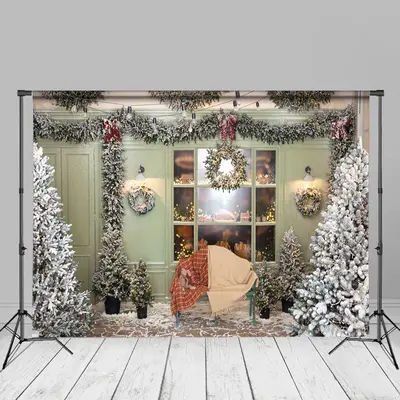 Indoor Trees Green Door Window Wreath Christmas Backdrop - Aperturee