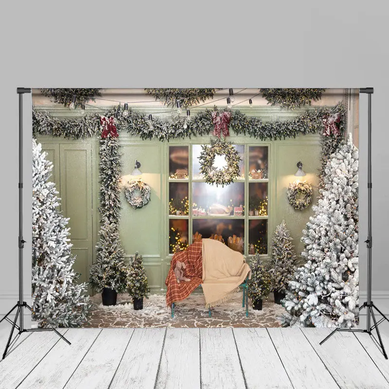 Indoor Trees Green Door Window Wreath Christmas Backdrop - Aperturee