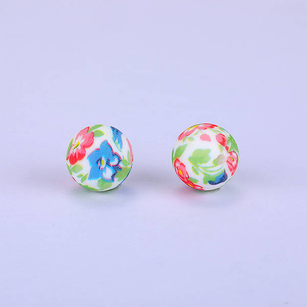 Printed Round with Flower Pattern Silicone Focal Beads