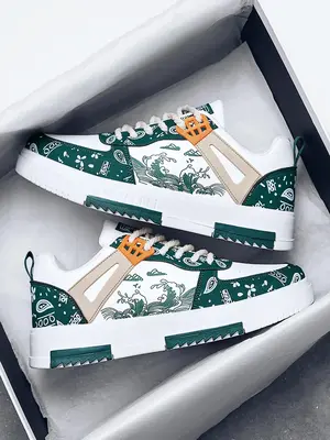 Men's Random Pattern Lace Up Low Top Trending Sneakers, Casual Breathable Comfortable Flat Shoes, Trendy All-match Casual Sho...