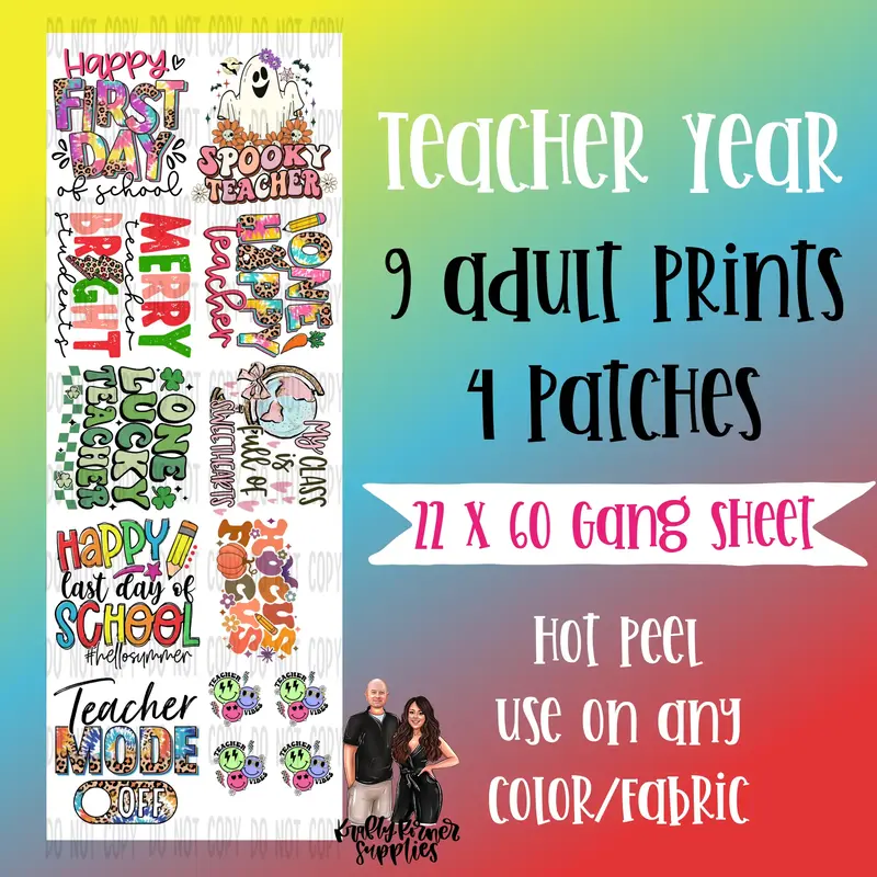 Teacher Year Round DTF Transfer Gang Sheet, 22 x 60