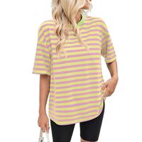 Women Oversized Striped Color Block Short Sleeve Crew Neck T-Shirts Casual Loose Pullover Tops Summer Tee Shirt