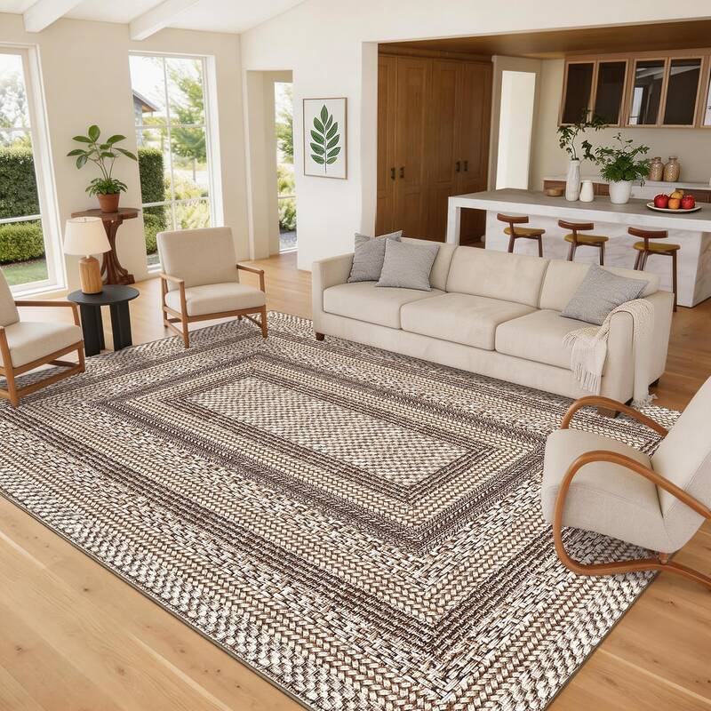 Garvee Area Rug 4x6 Modern Geometric Bordered, Washable Non-Slip Low Pile, Ultra Thin Lightweight, Stain Resistant, Taupe, Li...