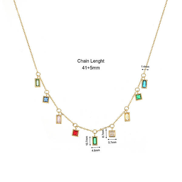 Stainless Steel Coloful Cubic Zirconia Rectangle Charms Necklace for Women