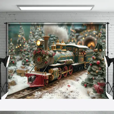 Blurry Christmas Green Gold Train Trees Backdrop - Aperturee
