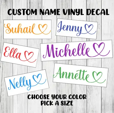 Custom Name Decal Specialty Vinyl Personalized Cursive Lettering Heart Sticker Organiser, Bottles, Cups, Laptop, Luggage, Car...