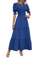 BTFBM Women Casual Summer Dresses 2025 Spring Crew Neck Ruffle Short Sleeve Floral Print Smocked Boho Flowy Maxi Dress