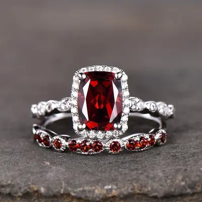 Garnet Fancy Halo Diamond Engagement Ring with Side Stones Bridal Set