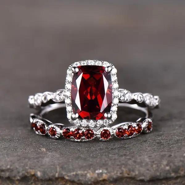 Garnet Fancy Halo Diamond Engagement Ring with Side Stones Bridal Set
