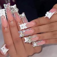 Press On Nails Long Square 3D Butterfly Rhinestones Bow Flowers Nail Charms Nail Tips Acrylic Nail Kit Fake Nails Press ons F...