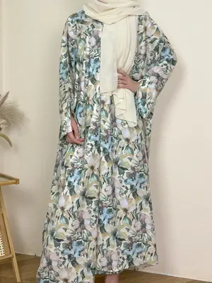 Elegant Floral Print Abaya Set with Headscarf, Two-Piece Long Robe Cardigan, Casual Vacation Party, Women's Fashion Clothing