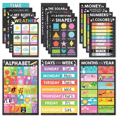16 Educational Posters for Classroom & Kindergarten, Kindergarten Classroom Must Haves, Laminated PreK Learning Chart Materia...
