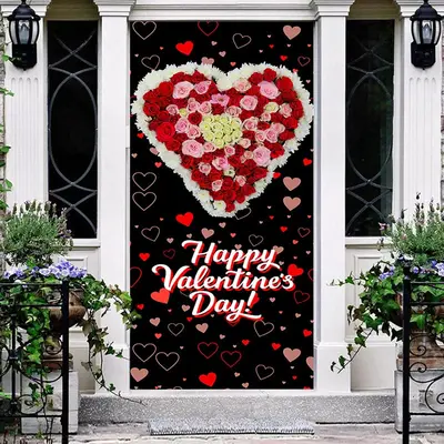 Repeat Heart Floral Black Valentines Day Door Cover - Aperturee