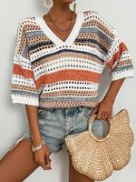 Women's Colorblock Striped Hollow Out V Neck Top , Casual Loose Top for Summer, Fashion Women's Clothing for Daily Wear, Bag...