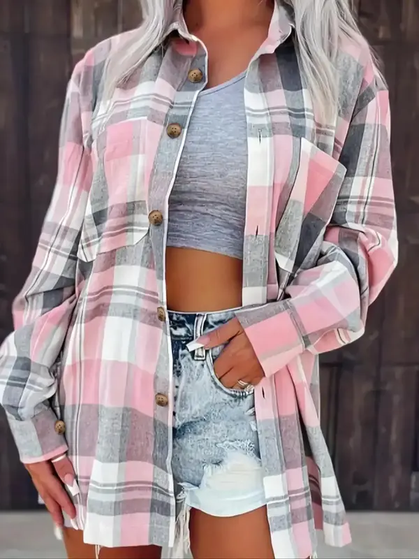 Women's Plaid Print Button Front Drop Shoulder Shirt, Casual Long Sleeve Pocket Top for Spring & Fall, Women's Clothes