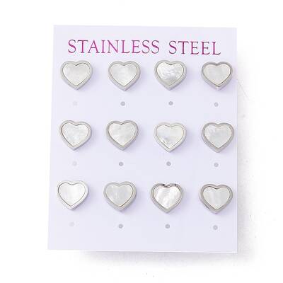 6 Pairs Natural White Shell Heart Stud Earrings