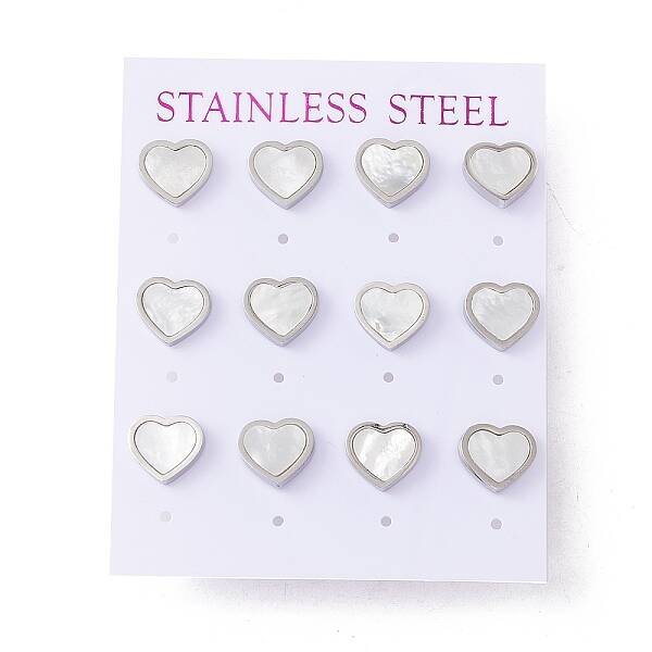 6 Pairs Natural White Shell Heart Stud Earrings