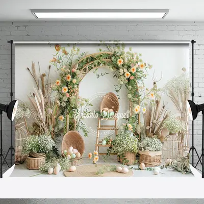 Boho Dried Flowers Basket Eggs Easter Photo Backdrop - Aperturee