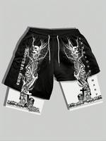 Men's 2 in 1 Letter & Skeleton Print Drawstring Waist Shorts, Regular Fit Casual Pocket Track Shorts for Summer, Fashion Men'...