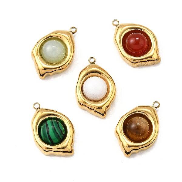 304 Stainless Steel with Natural Mixed Gemstone Pendants  Oval