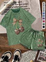 Two-Piece Set Women's Cherry & Letter Print Tee & Shorts, Casual Round Neck Short Sleeve T-Shirt & Shorts, Ladies Two-Piece f...